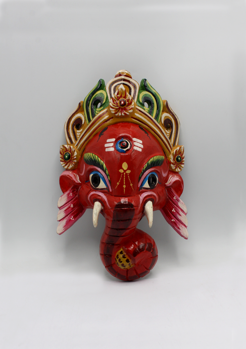 Hand Painted Ganesh Wall Hanging Mask - Red