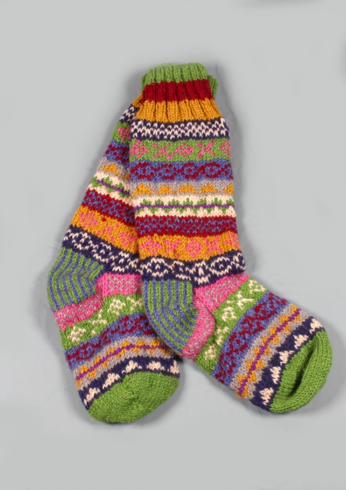 Handknitted Green and Pink Multicolor Woolen Knee High Socks