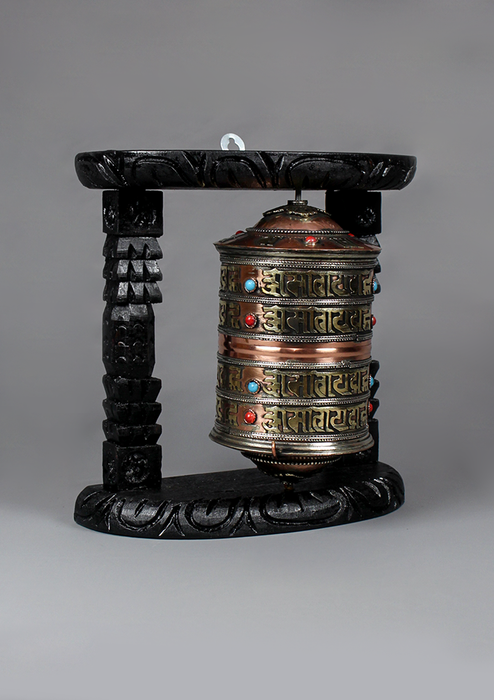 4 Line Om Mani Copper Prayer Wheel With Wooden Frame