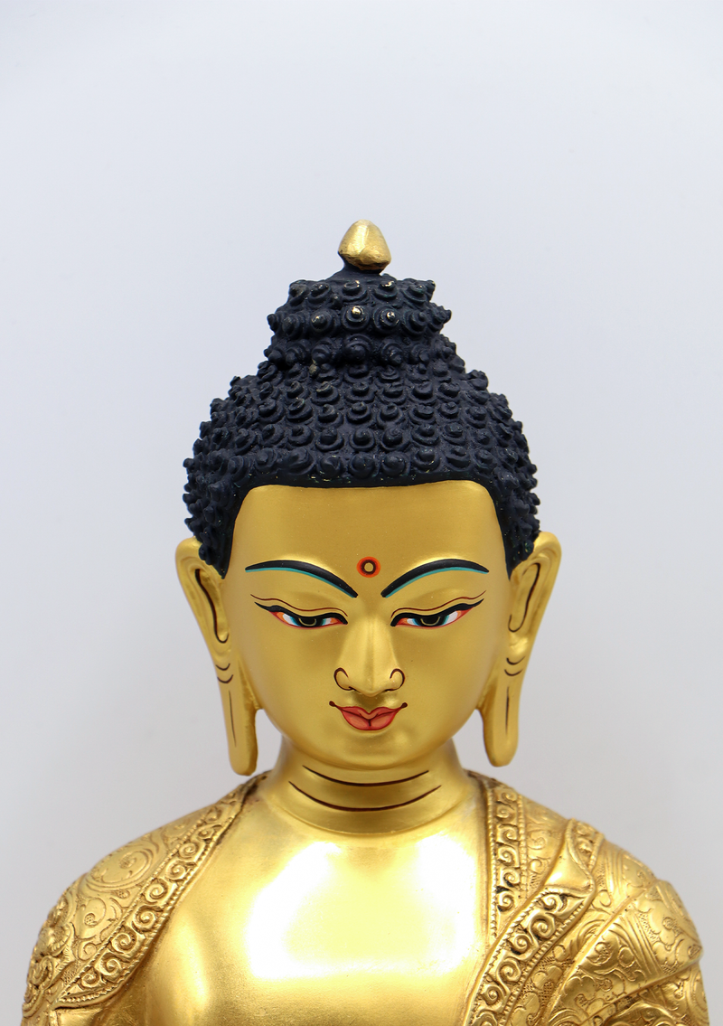 Eight Auspicious Symbols Carved Gold Plated Shakyamuni Buddha Statue 13" H