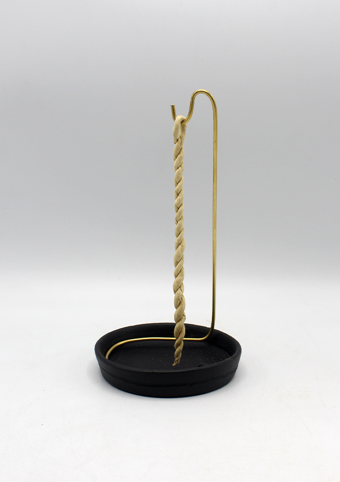 Homemade Sandalwood Nepali Rope Incense and Ceramic Base Plate with Brass Stand Set