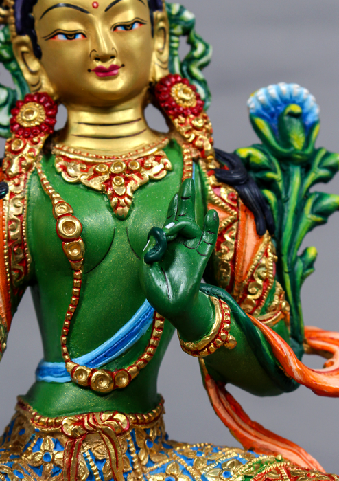 Green Tara Handpainted and Partly Gold Gilded Statue