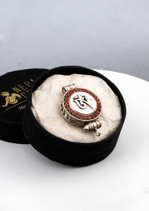 925 Silver Tibetan Ghau with Coral Inlays and Om Carving