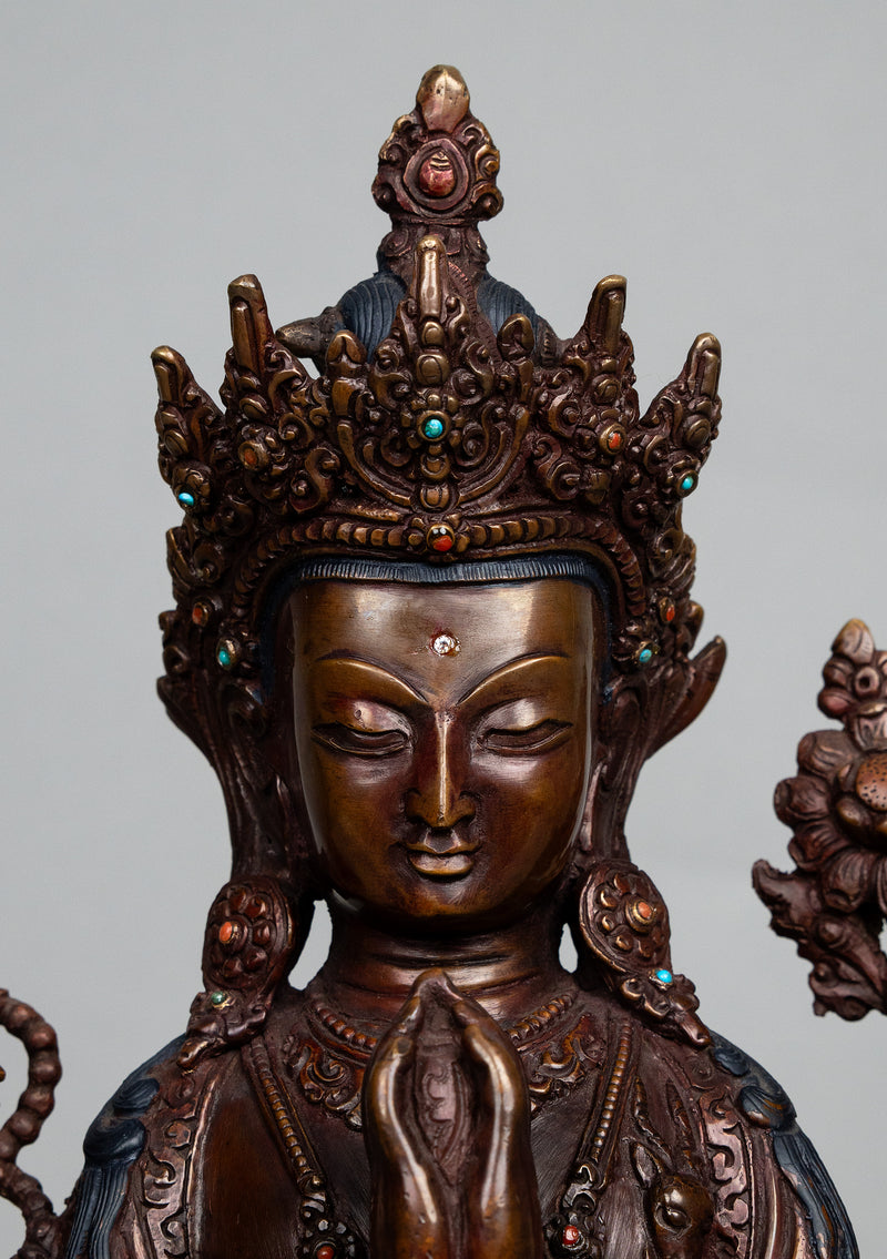 Handcrafted Copper Chenrezig (Avalokiteshvara) Statue with Stone Inlay