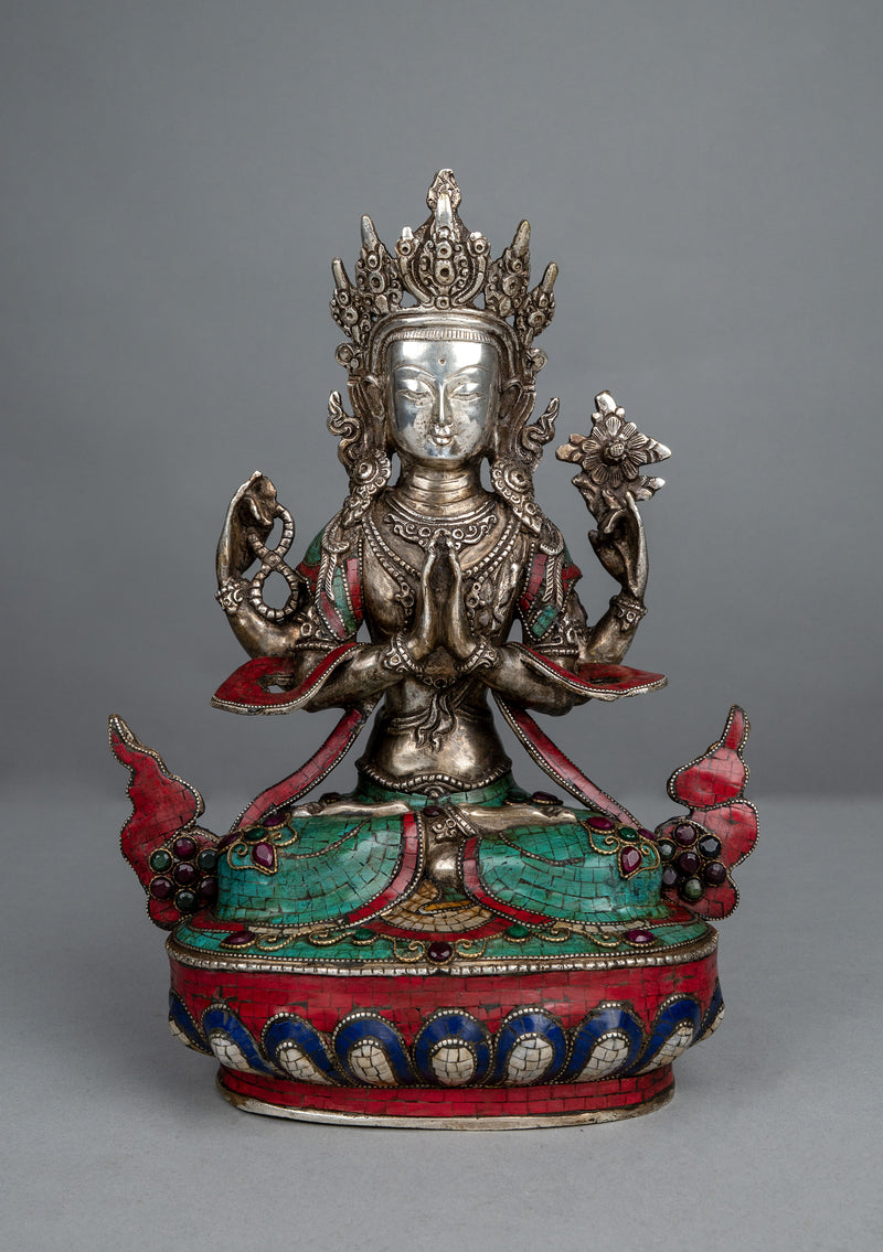 Silver Plated  Stone Inlaid  Four arms Chenrezig Statue