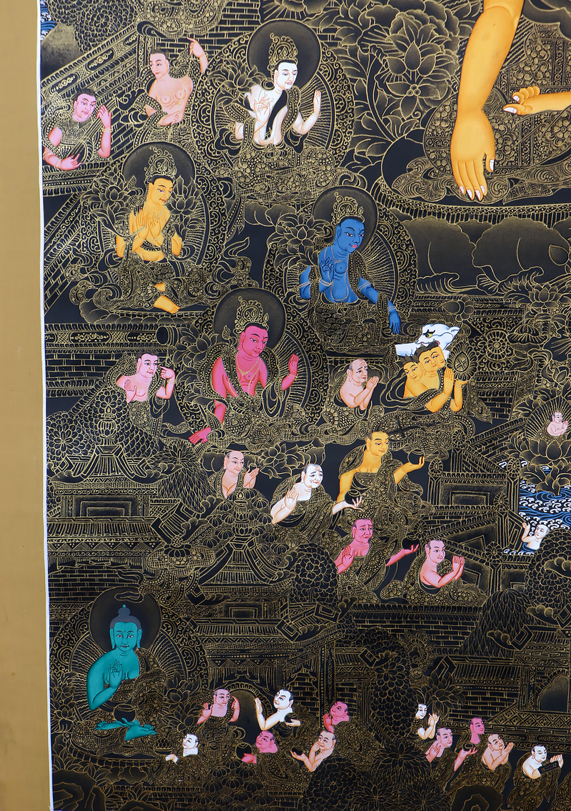Shakyamuni 24 K Gold and Black with Disciples Thangka Painting