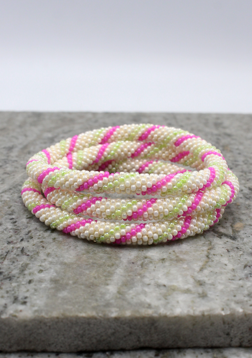 Pink Green Beads Nepalese Roll on Bracelet