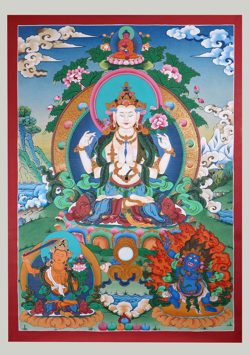 Chenrezig Thangka Painting with Manjushri and Vajrapani