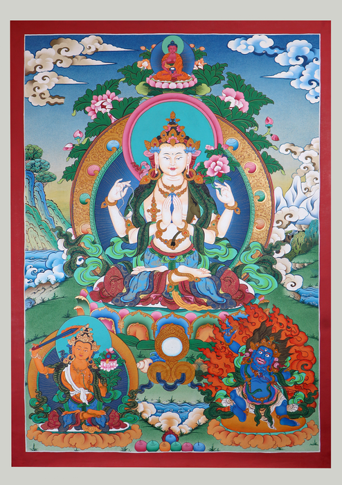 Chenrezig Thangka Painting with Manjushri and Vajrapani