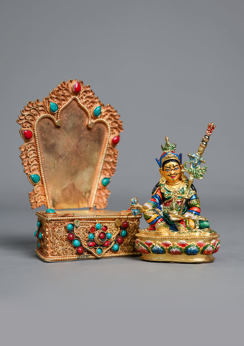 Handpainted Guru Padmasambhava Statue with Stone-Inlaid Throne