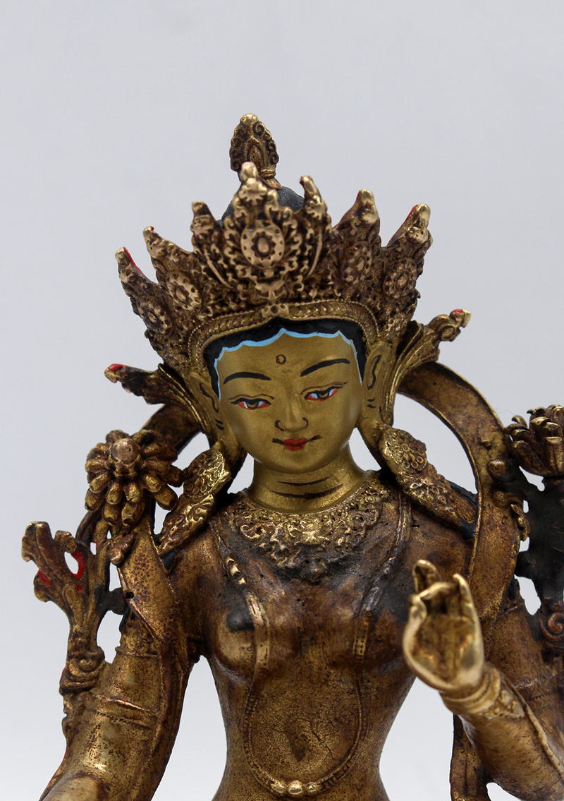 Gold Plated Copper Green Tara Statue 5"H