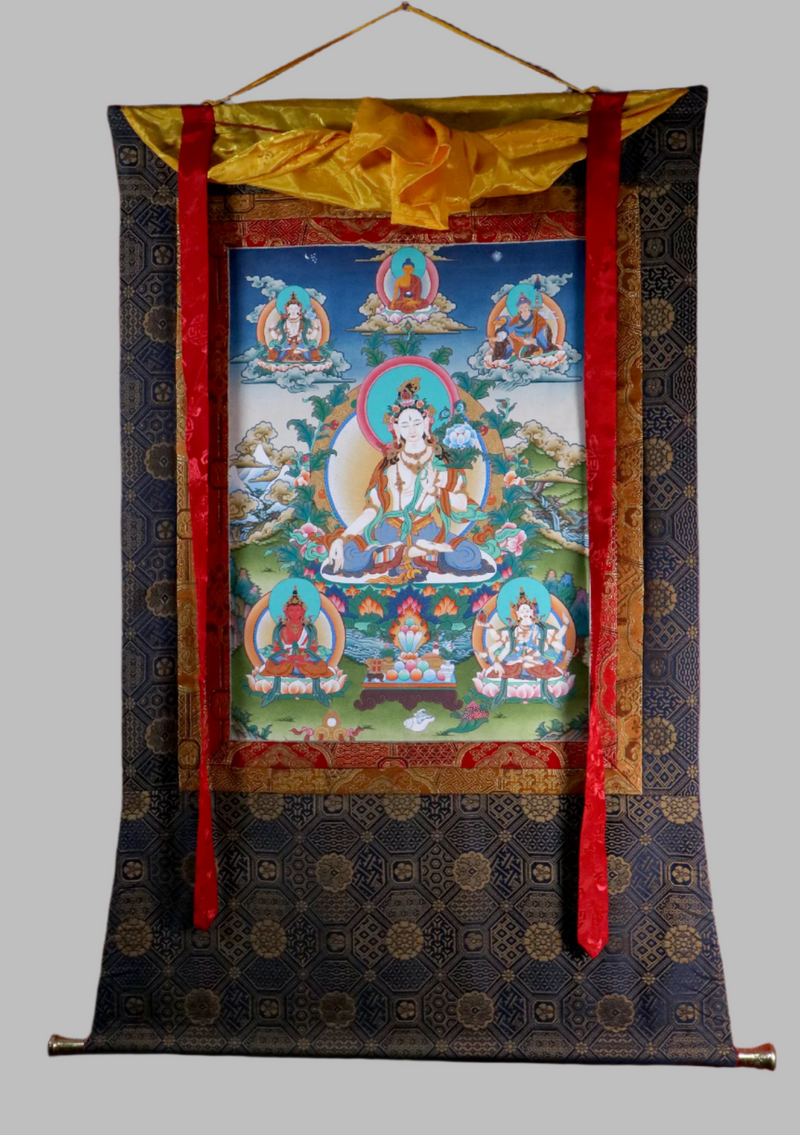 White Tara Brocade Thangka Painting