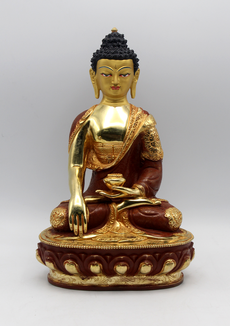 Gold Plated Copper Shakyamuni Buddha Statue 11" H