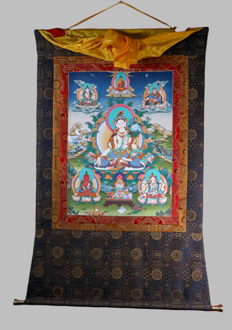 White Tara Brocade Thangka Painting