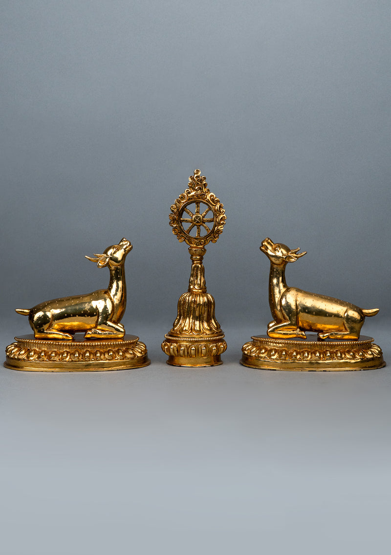 Fully Gold Plated Dharmachakra with Two Deer Set