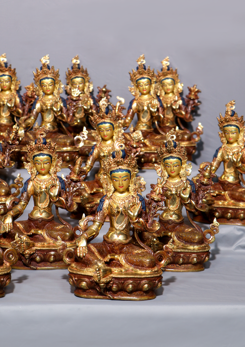 21 Tara Set Partly Goldplated Copper Statue 9" H