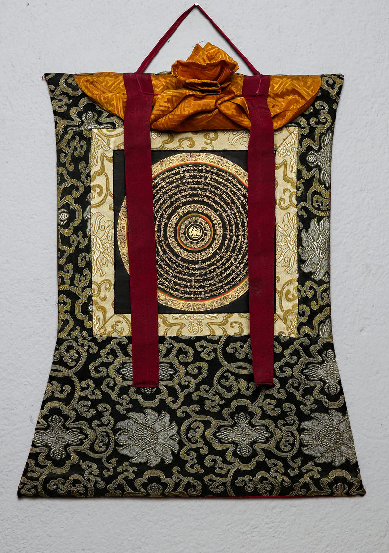 6 Line Om Mani Mantra Mandala Thangka Painting with Brocade