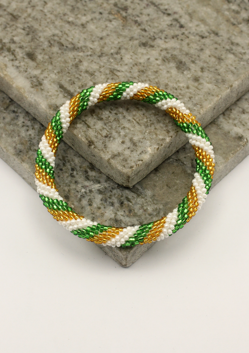 Gold  Green Twisted  White Roll on  Beads Bracelet