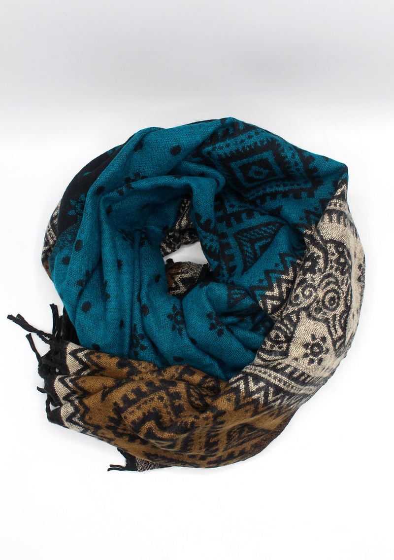Hand loomed Elephant Blue Green Woolen Shawl- Krishma