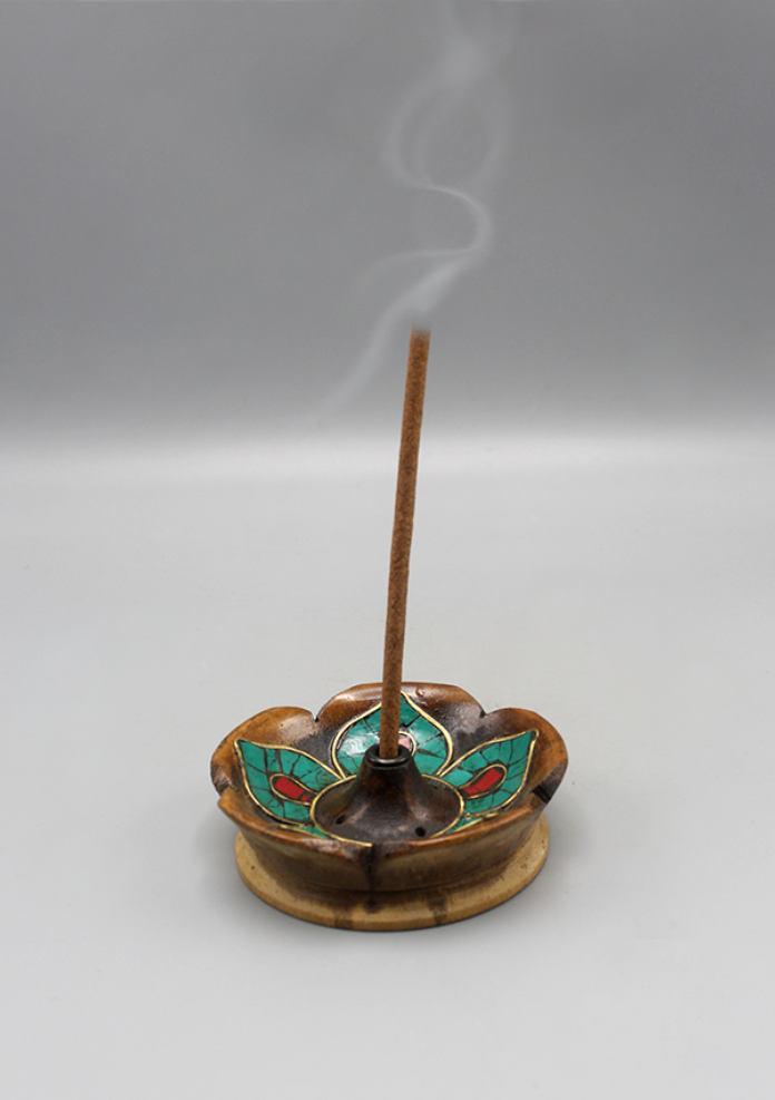 Turquoise Inlaid Tibetan Wooden Circular Incense Burner
