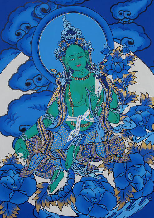 Green Tara Thangka Painting with Moon and Clouds Background