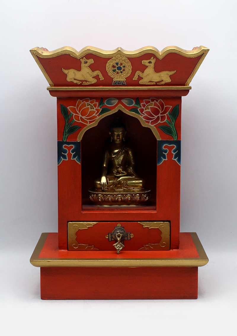The Three Jewels Tibetan Wooden Shrine Altar Box with Glass