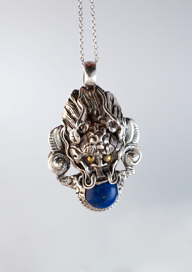 Sterling Silver Lapis Lazuli Dragon Pendant with Chain