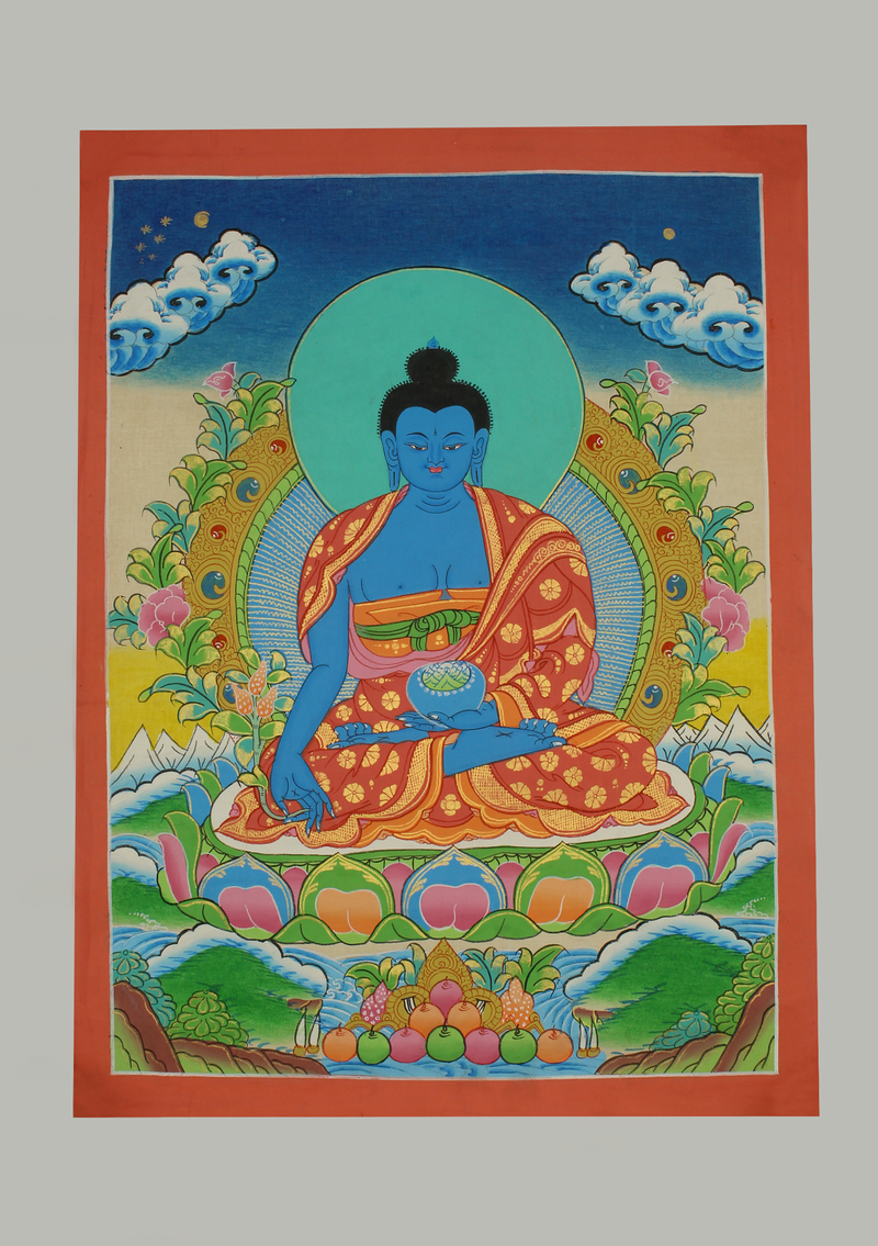 Medicine Buddha  Seated on Double  Lotus Thangka Painting
