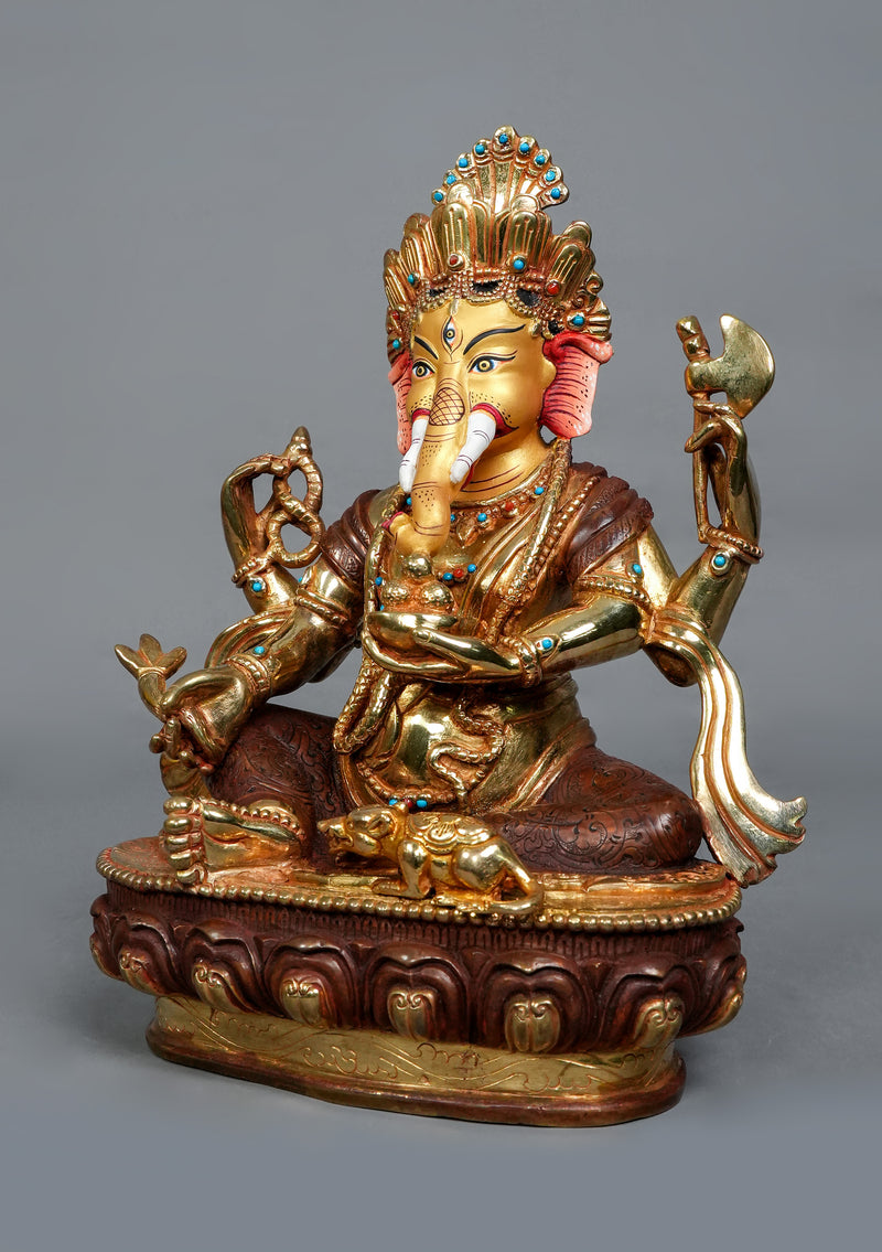Handcrafted Copper Gilt Ganesha Sculpture 9" High