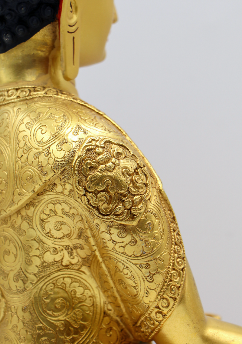Eight Auspicious Symbols Carved Gold Plated Shakyamuni Buddha Statue 13" H