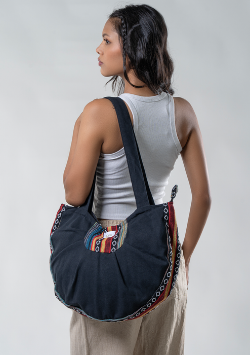Cotton Crescent Shaped Shoulder Bag in Black