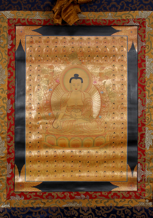 Medicine Buddha with 108 Buddhas Brocade Thangka Painting