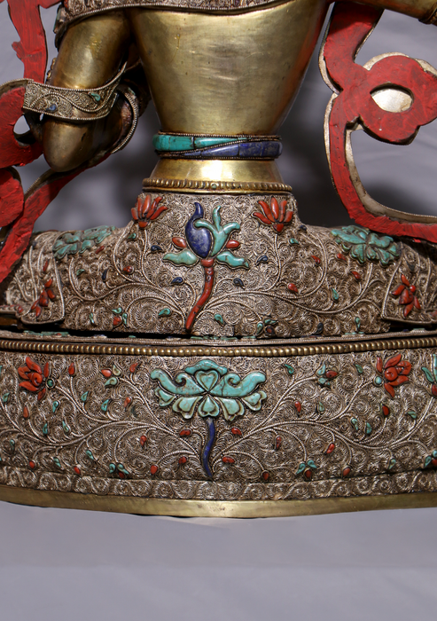 Mastercrafted Silver Filigree Stone Inlaid Manjushri Statue 19"H