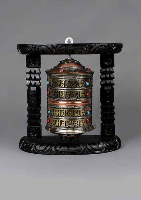 4 Line Om Mani Copper Prayer Wheel With Wooden Frame