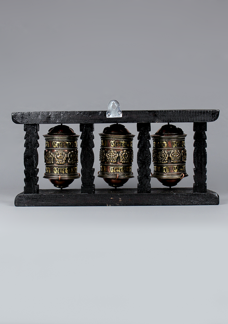 8 Auspicious Symbol 3-in-1 Prayer Wheel Wooden Frame Hanging