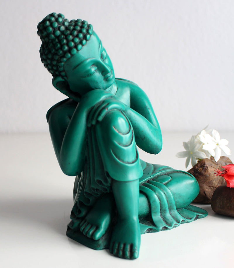 Turquoise Toned Green Resin Statue of Resting Buddha 7.5" High