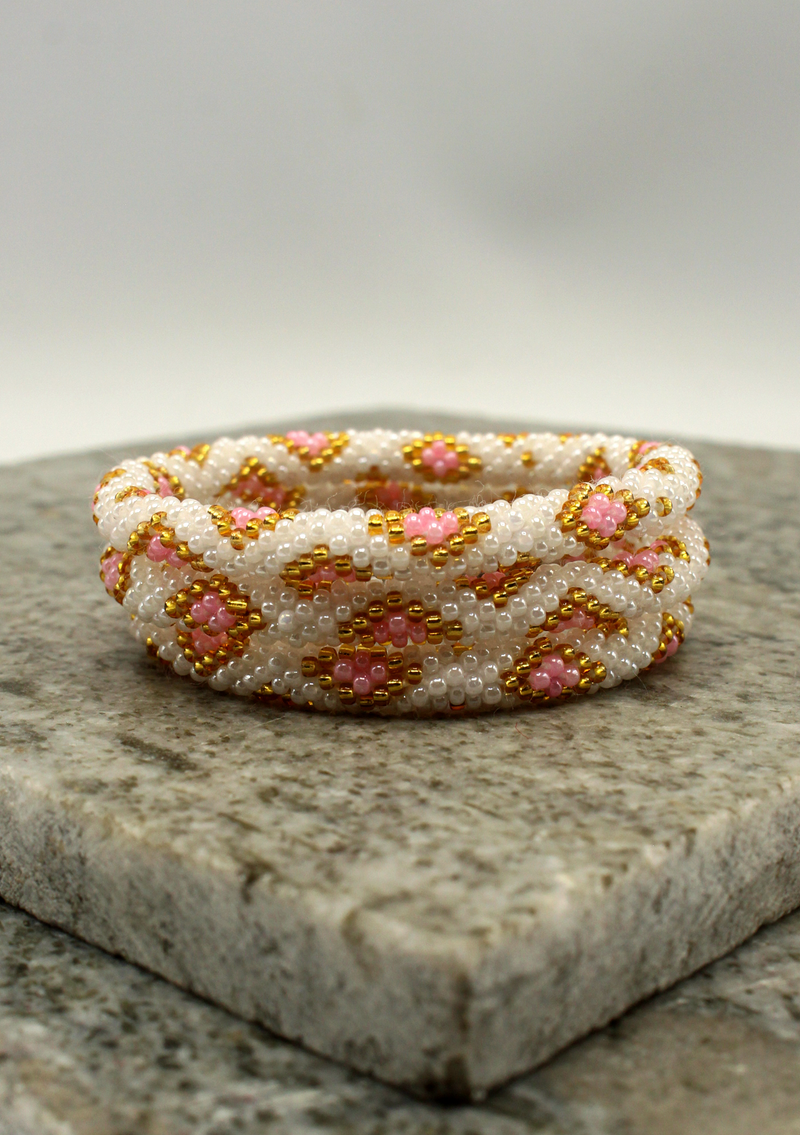 White Pink Glass Roll on Beads Bracelet