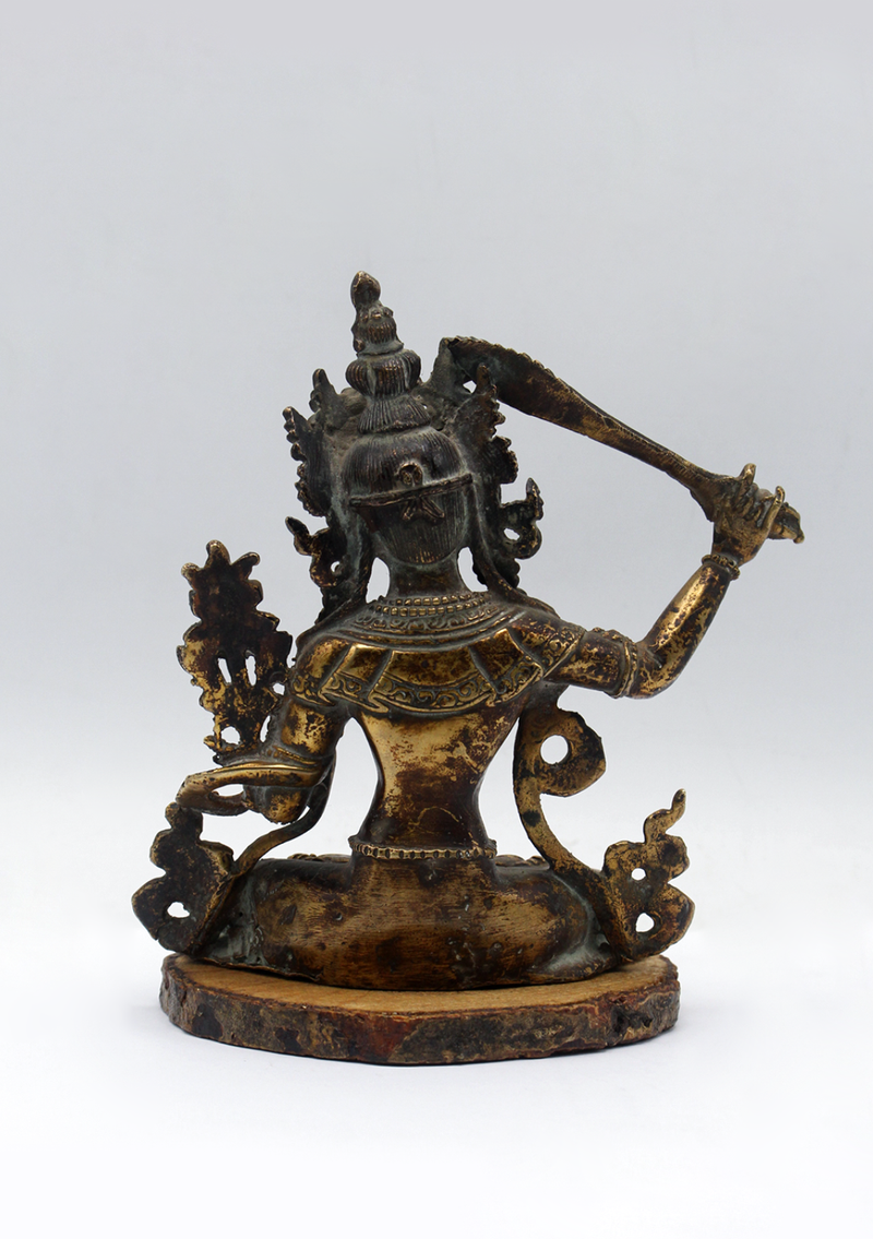 Fully Gold-Plated Manjushri Statue with Antique Finish 5"H