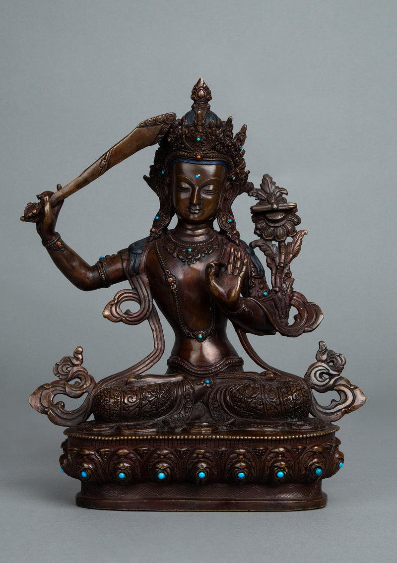 Oxidized Copper Manjushree Statue 13"H