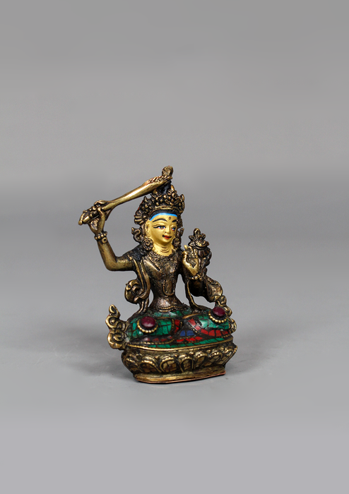 Stone Inlaid Copper Manjushree Statue 3.25" H