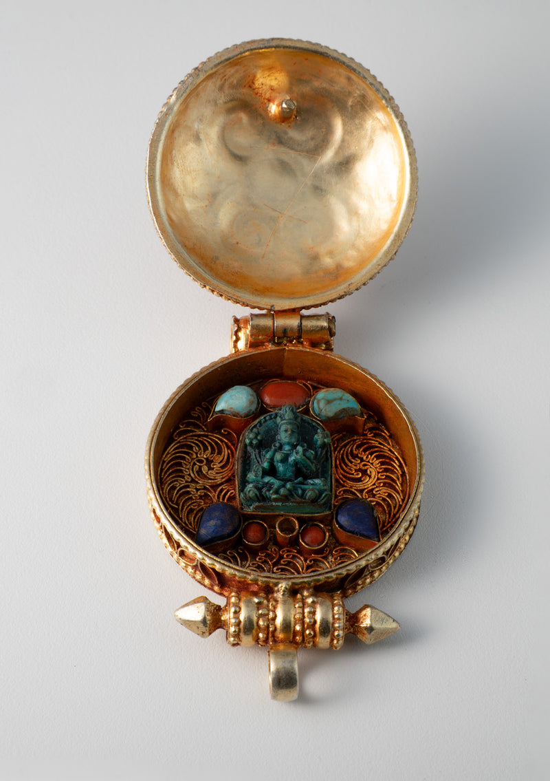Gold Plated Green Tara Tibetan Ghau with Stones