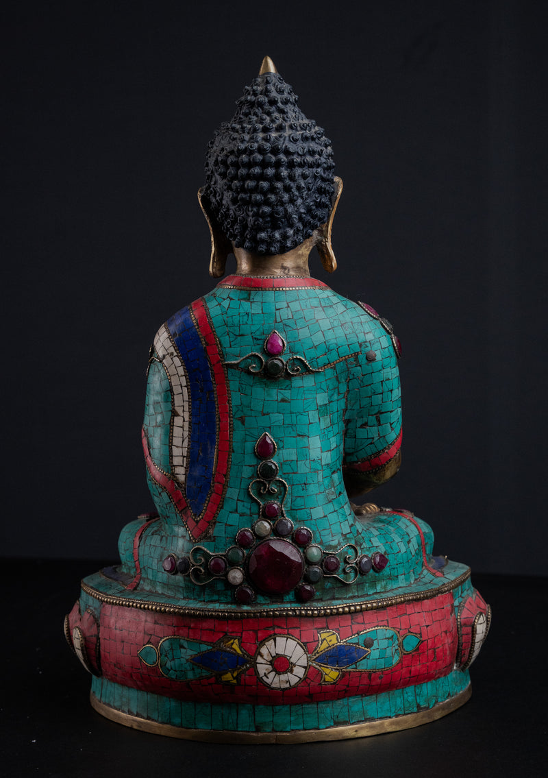 13" Shakyamuni Buddha Statue with Turquoise & Coral Inlay | Handmade in Nepal