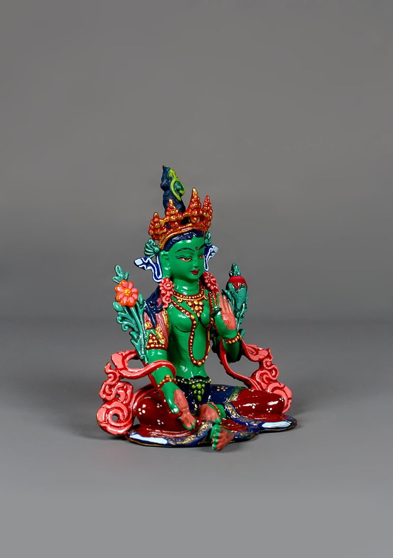 Hand Painted Copper Green Tara Statue 5"