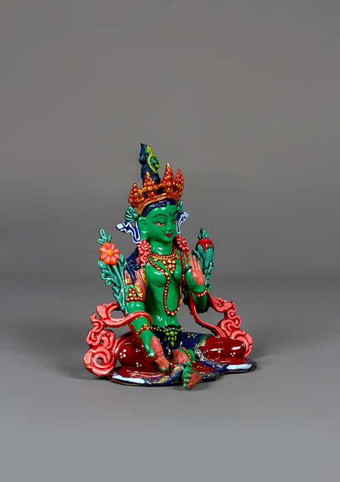Hand Painted Copper Green Tara Statue 5"