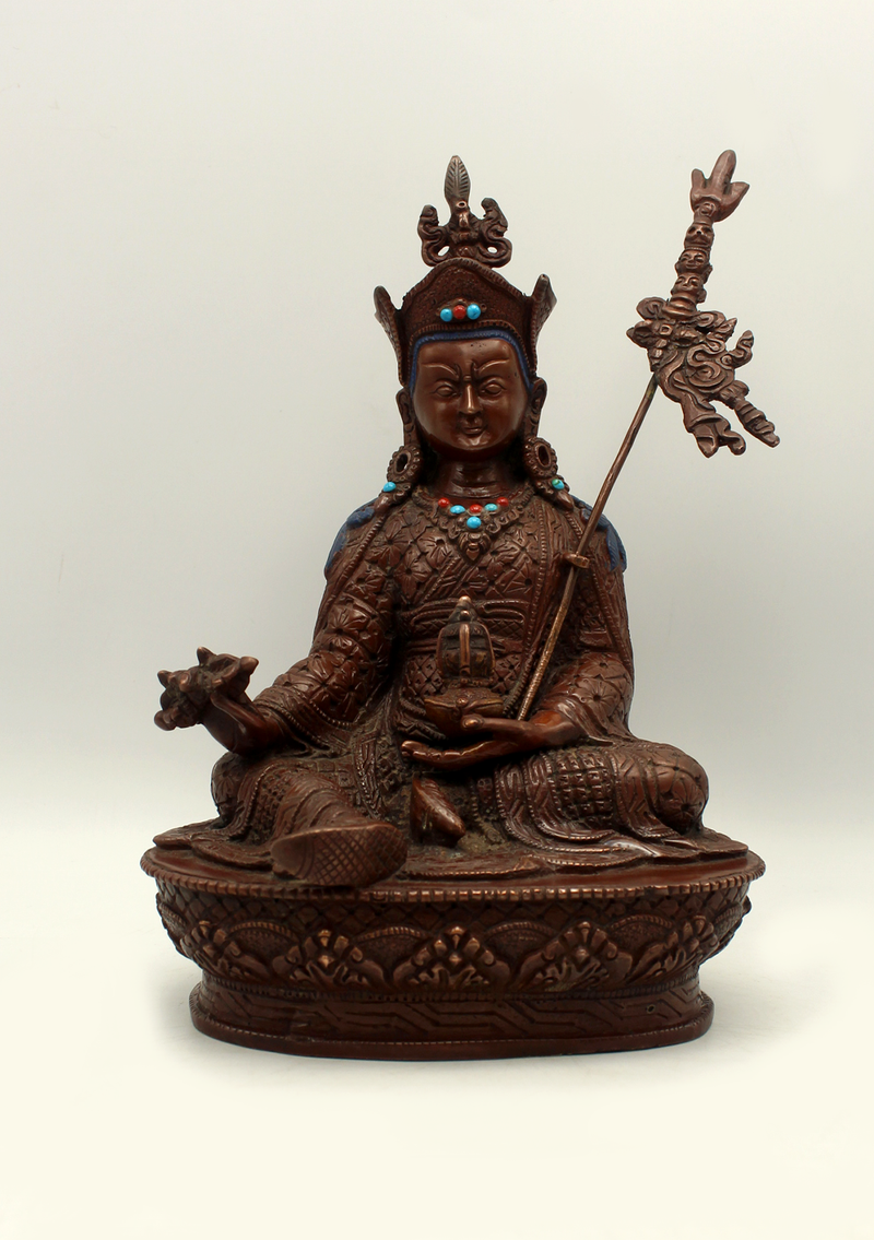 Stone Inlaid Copper Guru Padmasambhava Statue  8"H