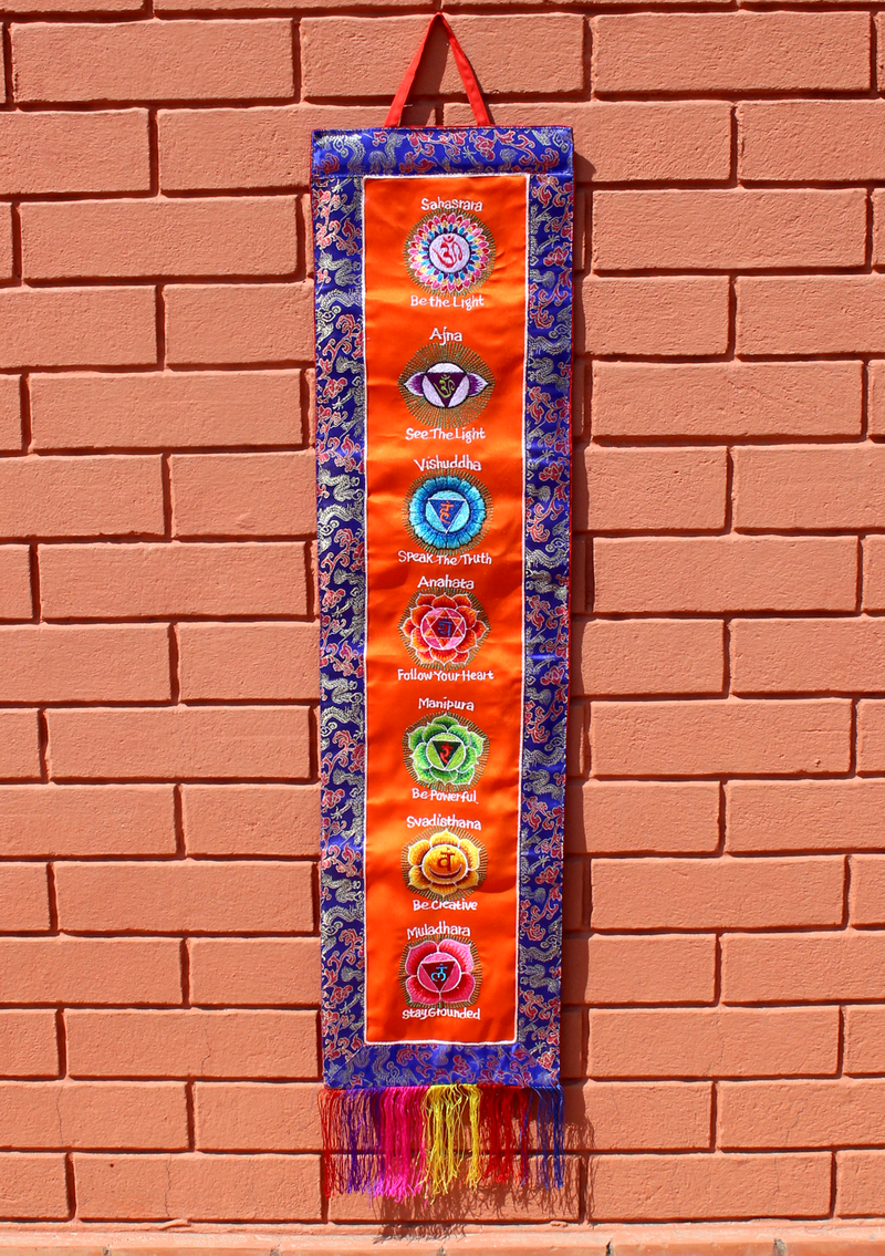 Seven Chakra Embroidery Brocade Framed Wall Hanging Banner