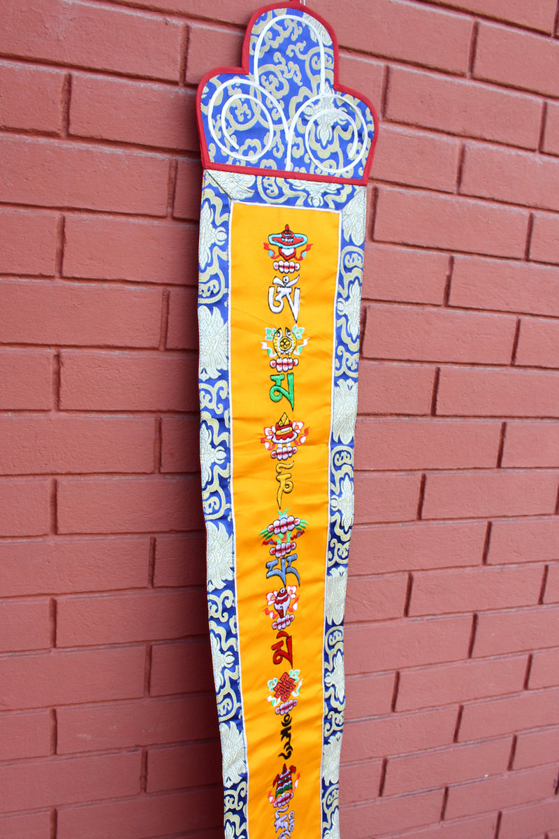 Om Mani and Lucky Symbols Polyester Brocade Banner