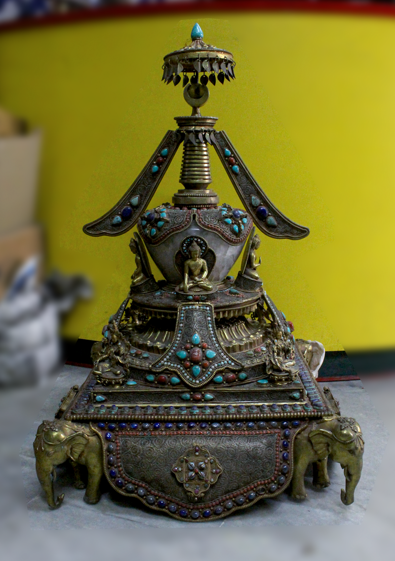 Elephant Guardian Serenity: Five Buddha Crystal Stupa Bowl Enhanced with Turquoise, Coral, and Lapis Lazuli Stones