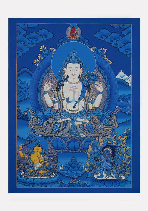 Chenrezig with Manjushree, Vajrapani and Amitabha Buddha Thangka Painting