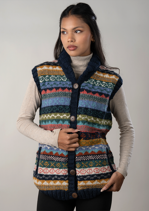 Blue Handknitted Women's Multicolor Cardigan Sweater Vest